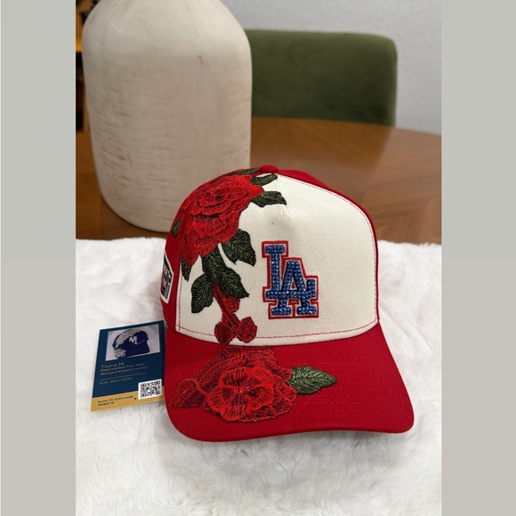 Red and Beige SnapBack Hat with Red Floral Design and Sapphire Crystals